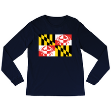 Load image into Gallery viewer, Maryland Flag with blue crabs in the design - Long Sleeve Shirt - Navy
