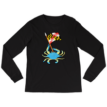 Load image into Gallery viewer, Blue Crab Waving Maryland Flag Long Sleeve Shirt - Black
