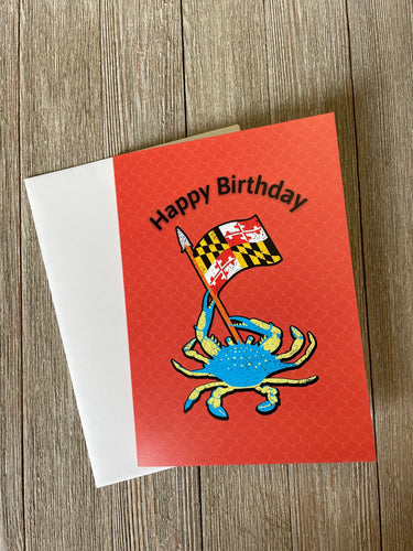 Maryland Happy Birthday Card With Blue Crab Waving Maryland Flag