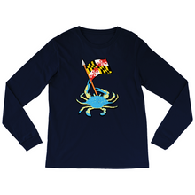 Load image into Gallery viewer, Blue Crab Waving Maryland Flag Long Sleeve Shirt - Navy

