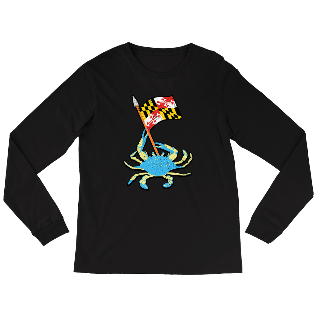 Blue Crab Waving Maryland Flag Long Sleeve Shirt - Black