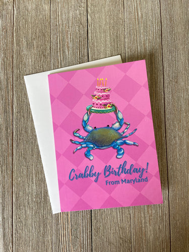Crabby Birthday From Maryland Card - Blue Crab Holding a Birthday Cake