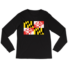 Load image into Gallery viewer, Maryland Flag with Crabs in the Design - Long Sleeve Shirt Black
