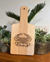 Load image into Gallery viewer, wooden crab cutting board personalized with last name
