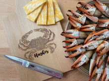 Load image into Gallery viewer, crab cutting board personalized with last name for cheese and crab fingers
