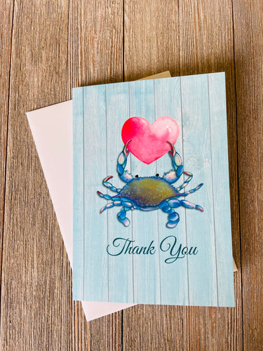 Blue Crab Thank You Card - Maryland Crab Holding a Heart